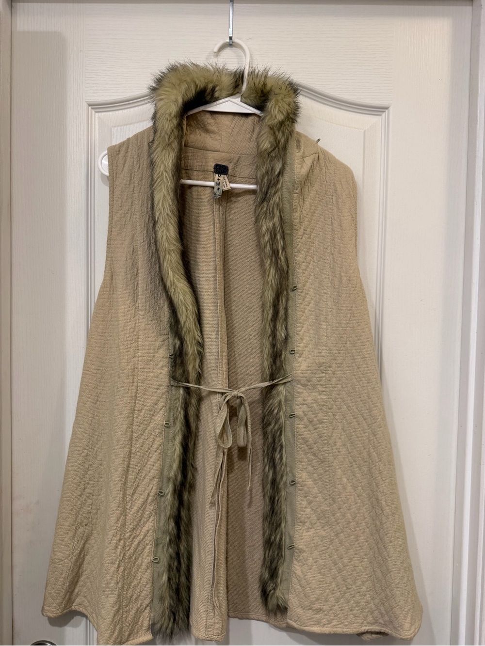 Free People- We The Free Beige Quilted Vest with Olive Faux Fur Trim - Picture 2 of 6